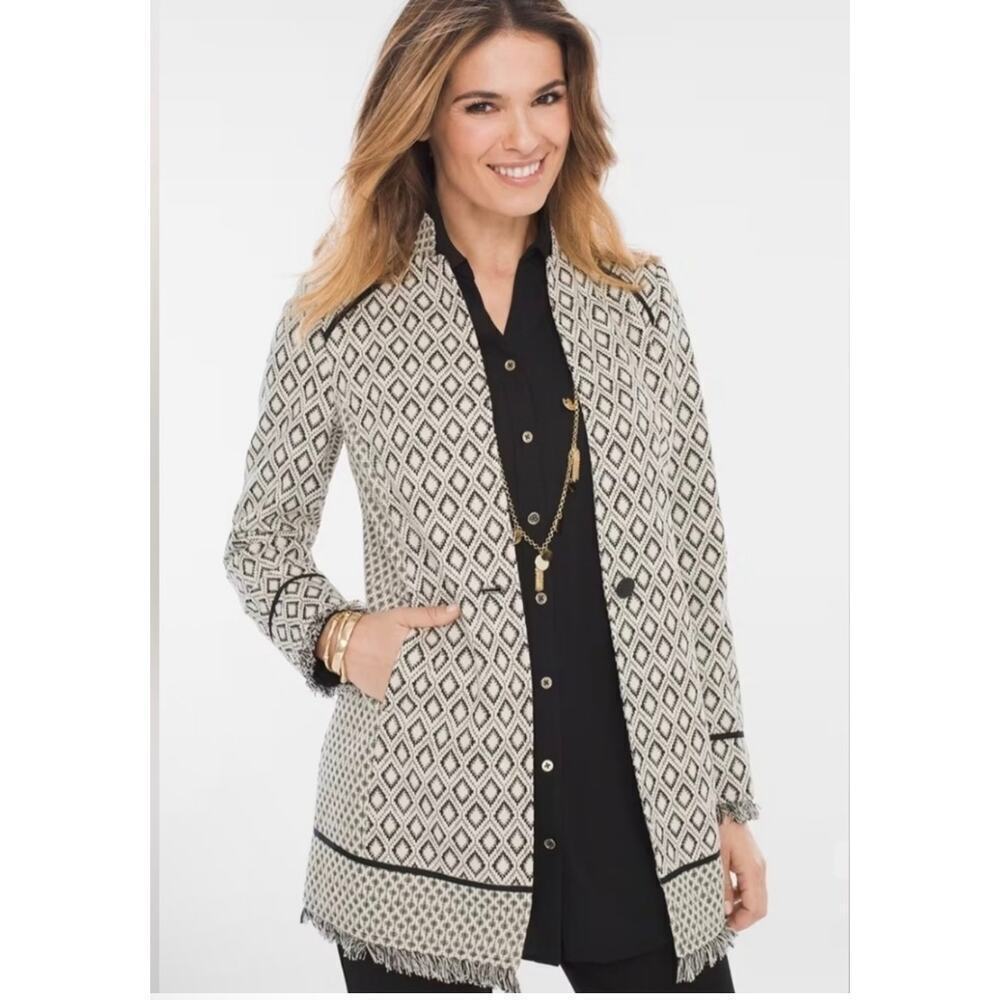 Chicos Black Cream Gold Print Patterned Long Dressy Boho Blazer Sz 3/US L